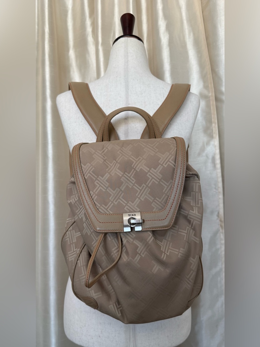 Tumi Beige Monogram Jacquard Nylon Backpack with Beige Leather Trim EUC